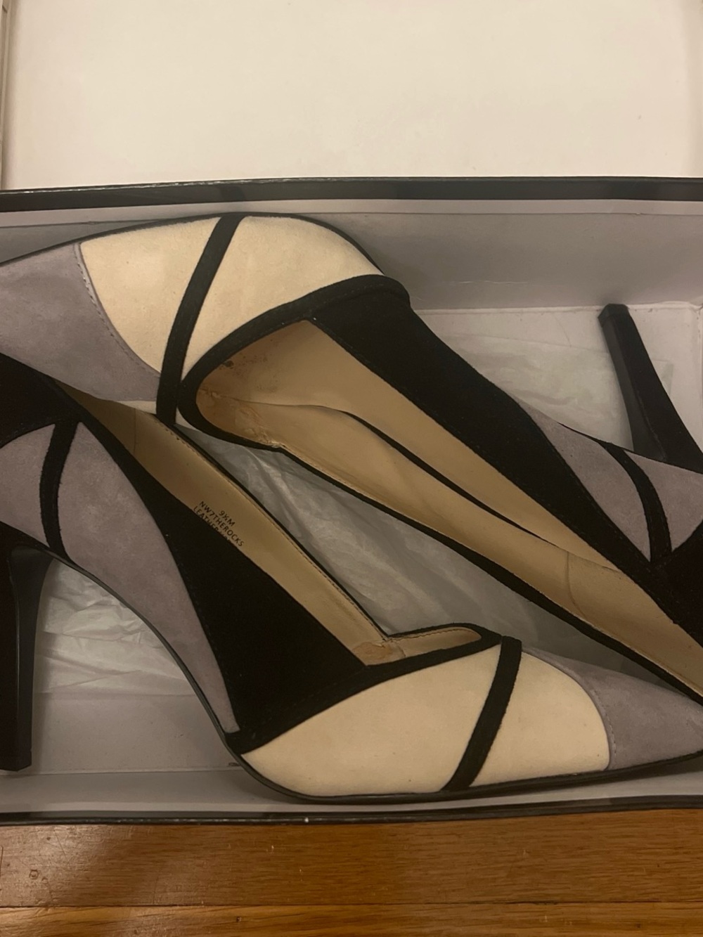 Colorblock Pointed-Toe Suede Heels in Black, Gray & Cream